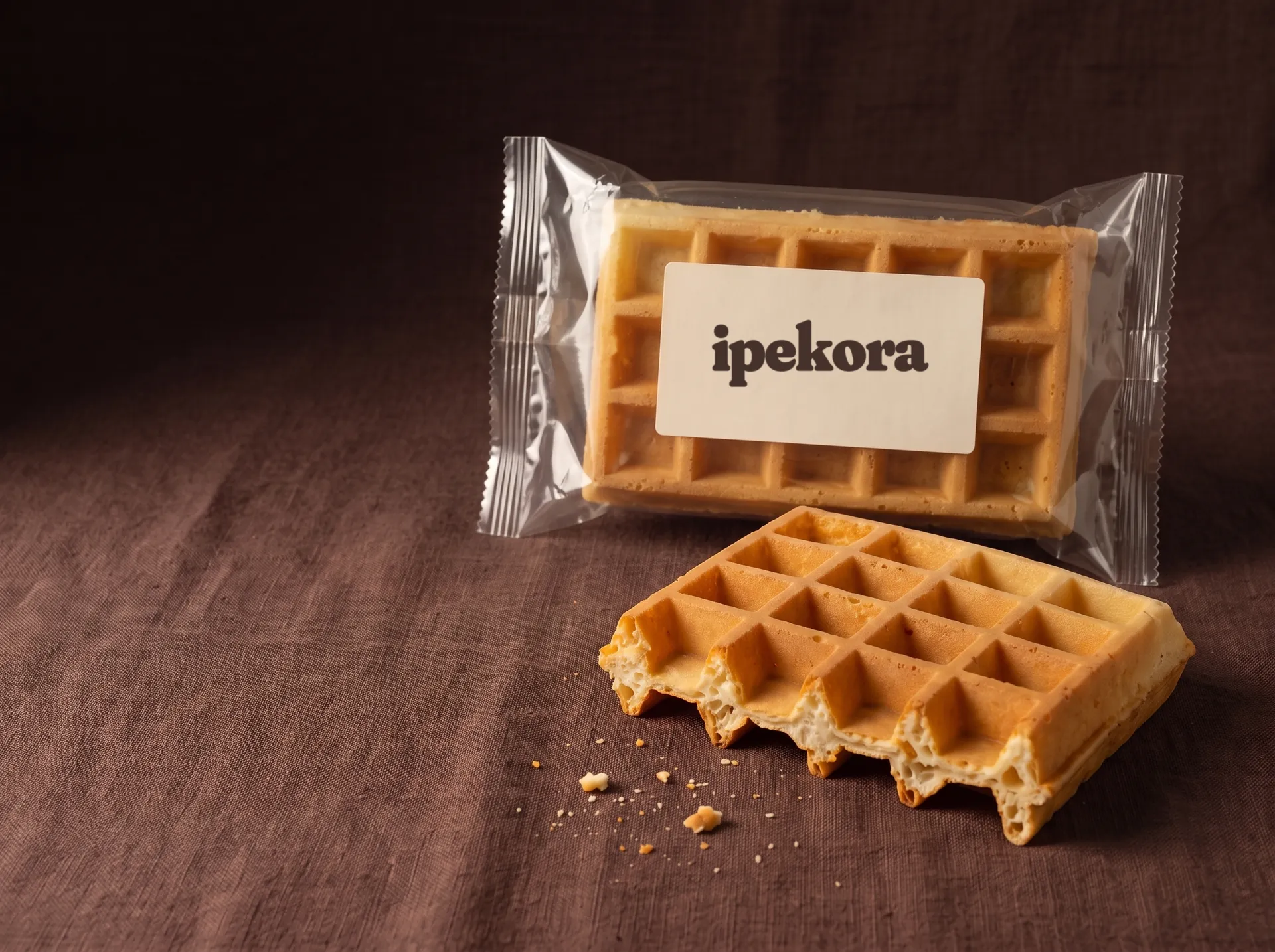 WAFFELUXE Belçika usulü waffle ekmeği, şeffaf ambalajında ve önünde tek dilim