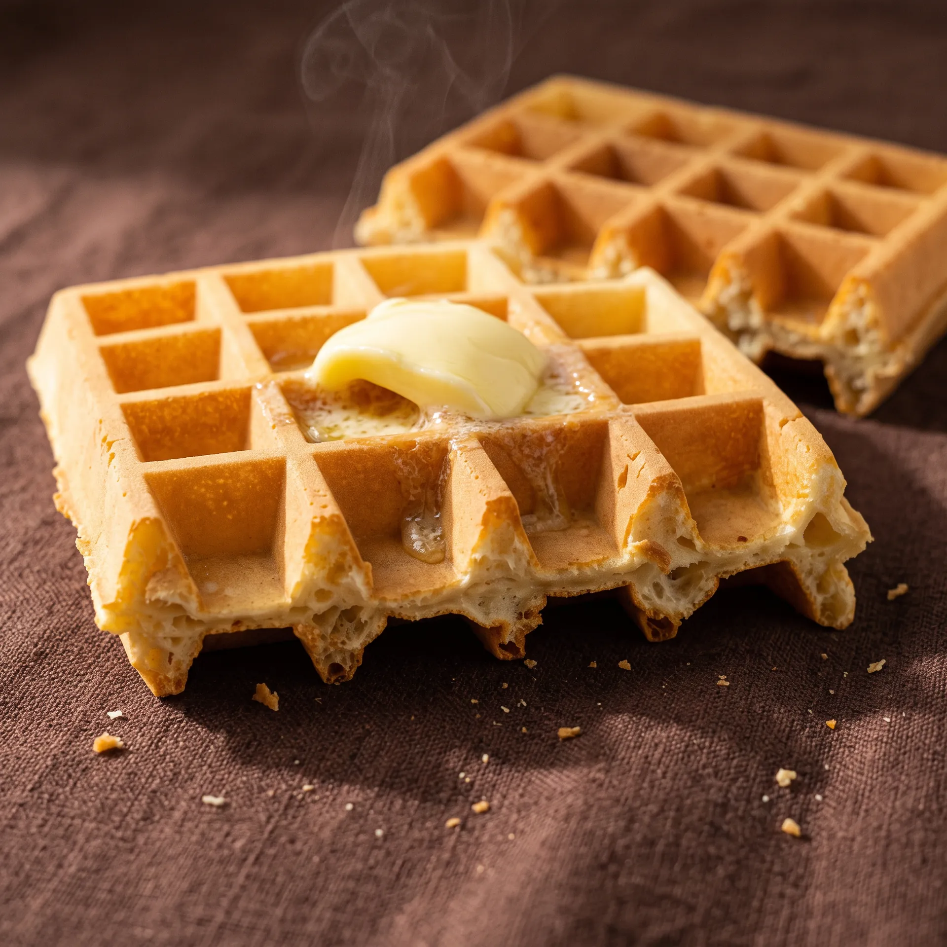 Belçika usulü waffle ekmeğinin kesiti; üzerinde eriyen gerçek tereyağı