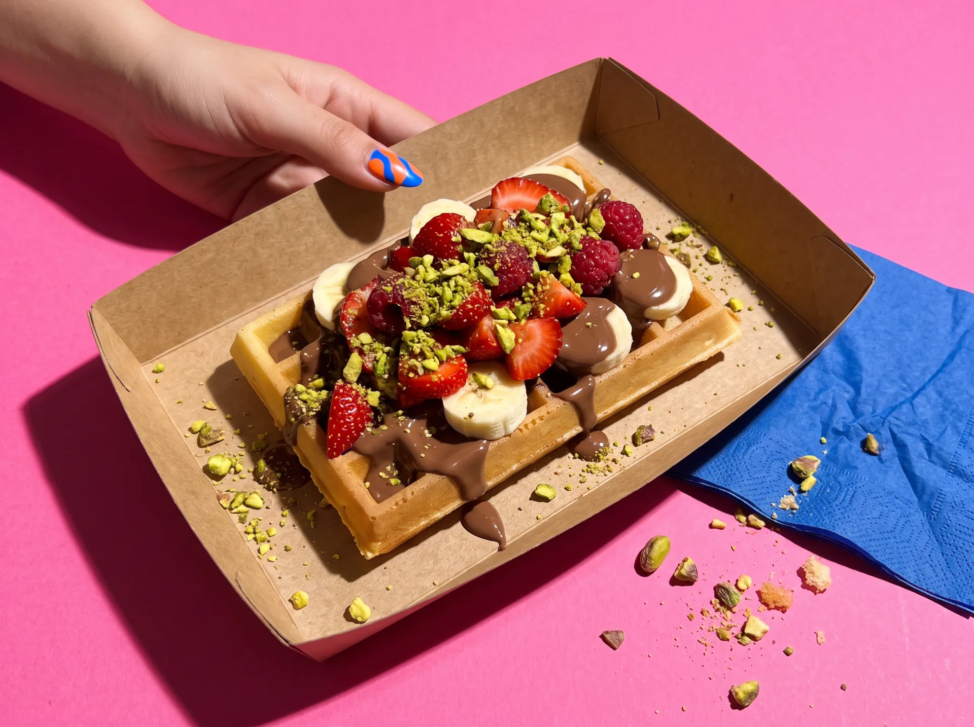 FLOW GLOW WAFFLE: karton tepside çikolata, çilek, muz ve fıstıklı Belçika usulü waffle
