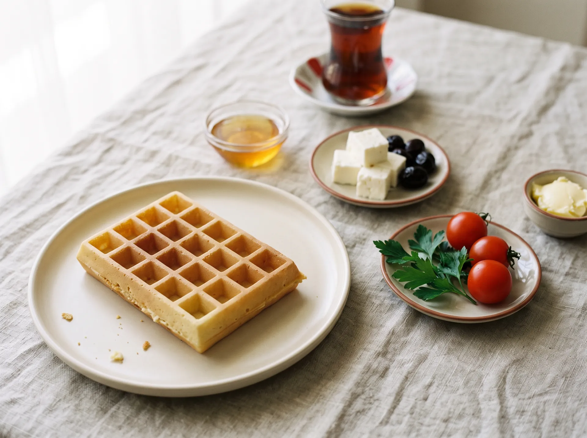 Kahvaltı tabağında Belçika usulü waffle ekmeği, beyaz peynir ve bal