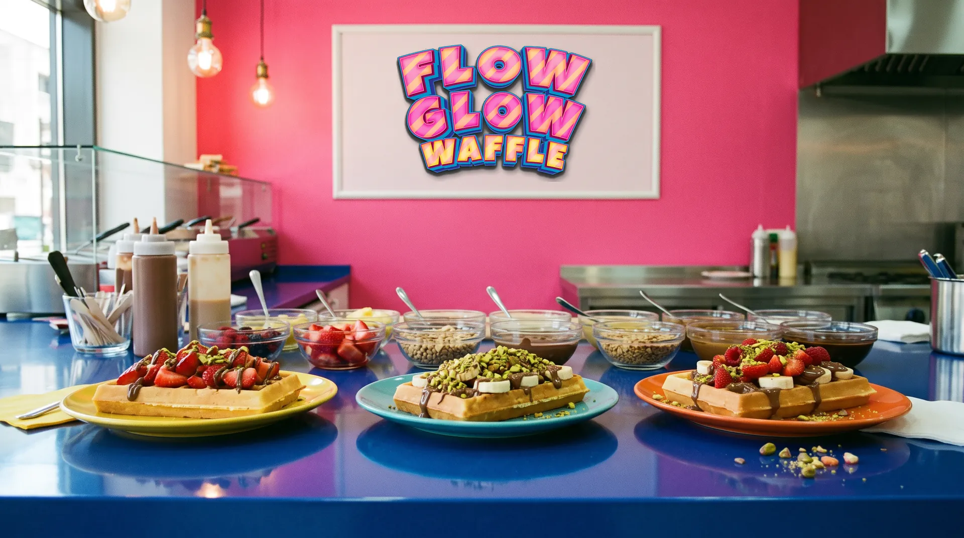 FLOW GLOW WAFFLE dükkân tezgâhı; üç farklı servis ve duvarda marka tabelası