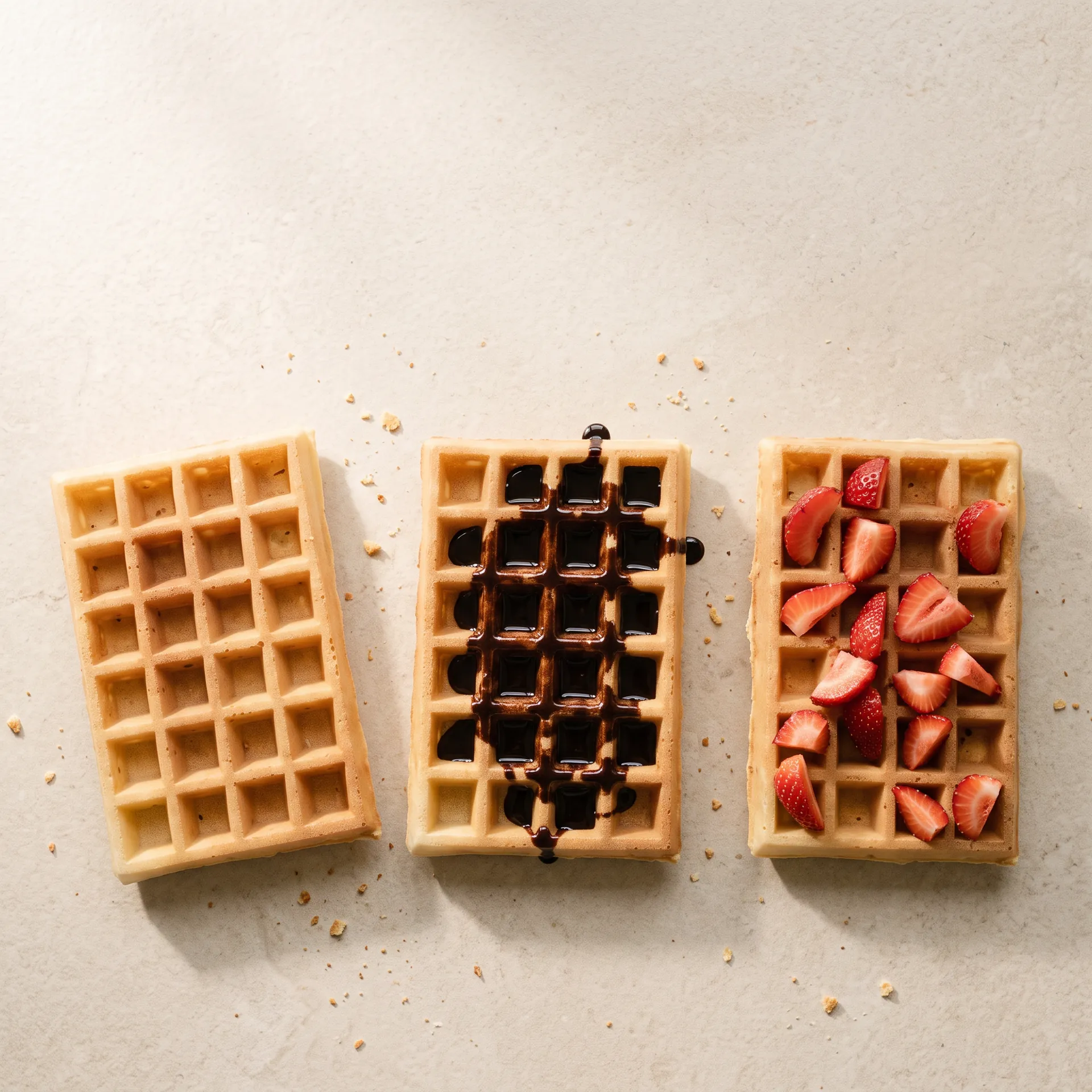Üstten üç dilim Belçika usulü waffle ekmeği: sade, çikolatalı ve çilekli